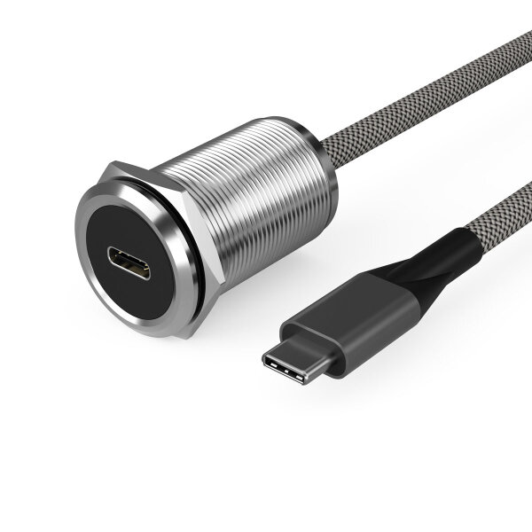 USB-C Einbaubuchse mit Kabel in runder Metall-Ausführung
