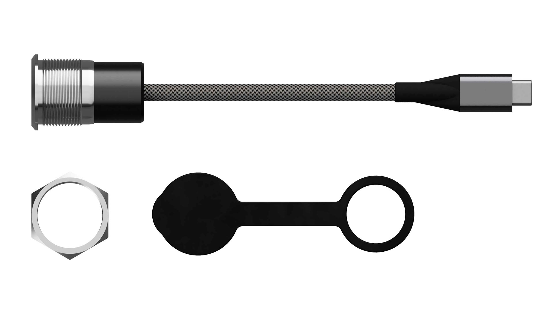 Lieferumfang der USB4 Typ-C IP65-Einbaubuchse mit Sechskantmutter, schwarzer IP65-Schutzkappe und O-Ring